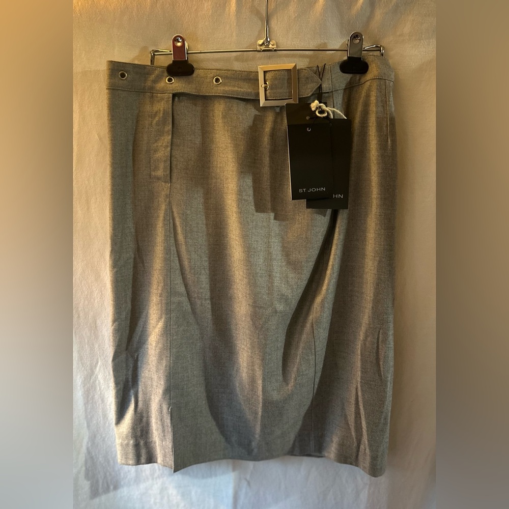 St. John W 8 Lt Gray Melange Pencil Skirt Belt Grommets Wool Blend NWT